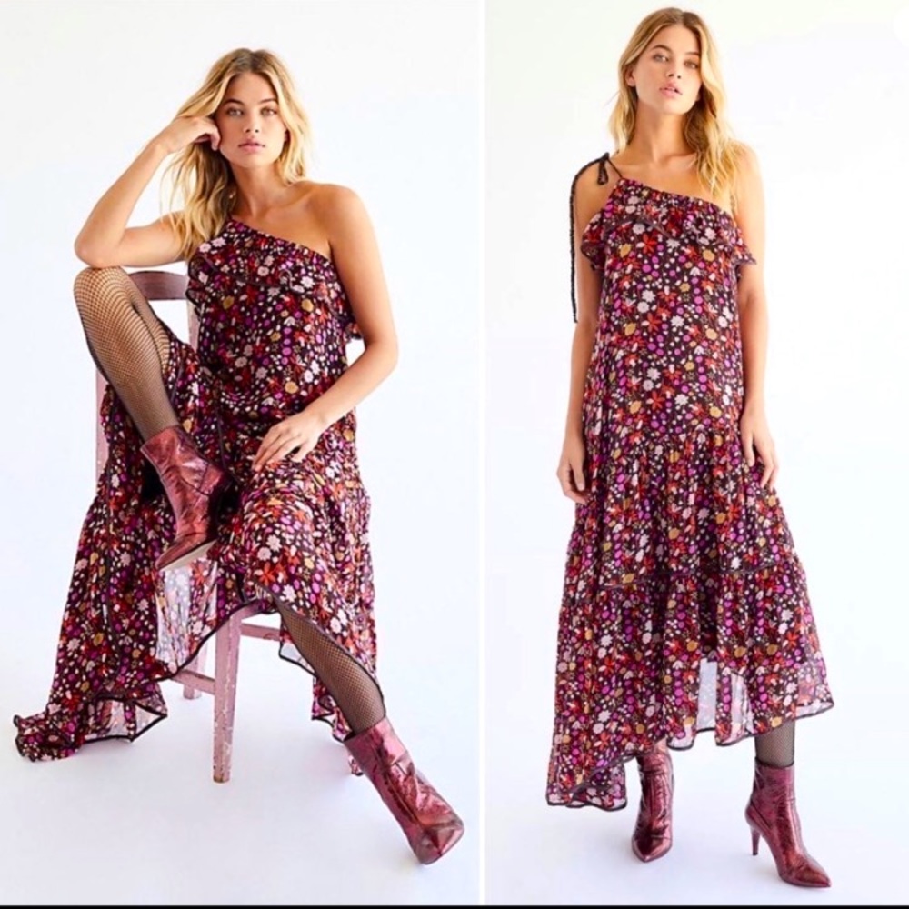 Free People Boho Bohemian Floral Maxi Tiered One Shoulder Dress Medium